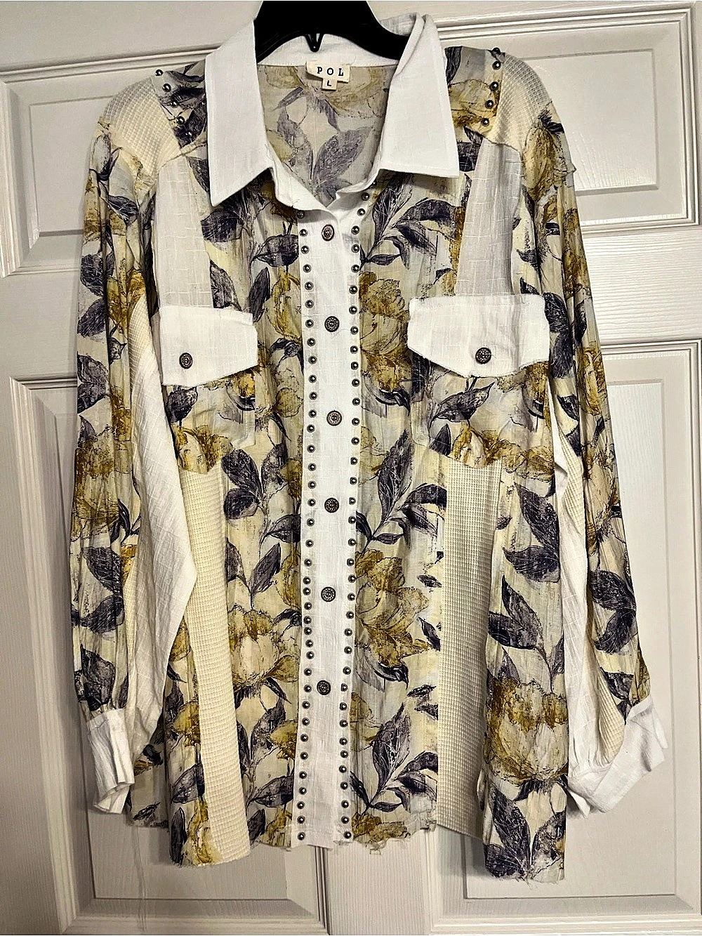 POL Floral Print Button-Down Long Sleeve Shirt Cream & Purple - Picture 2 of 3